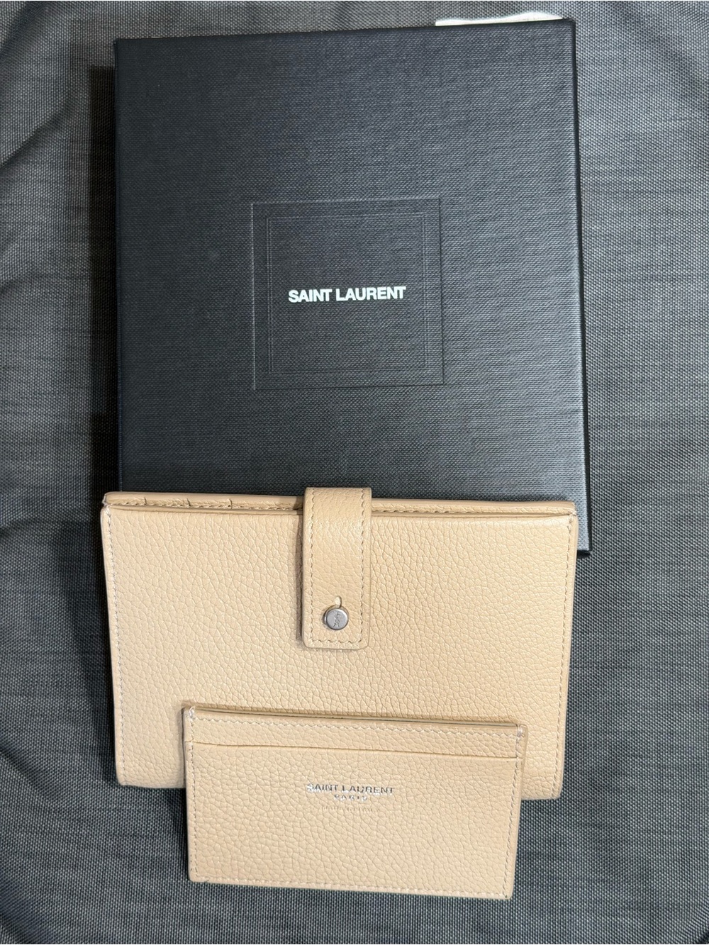 Saint Laurent Beige Pebbled Leather Card Holder with Silver Logo